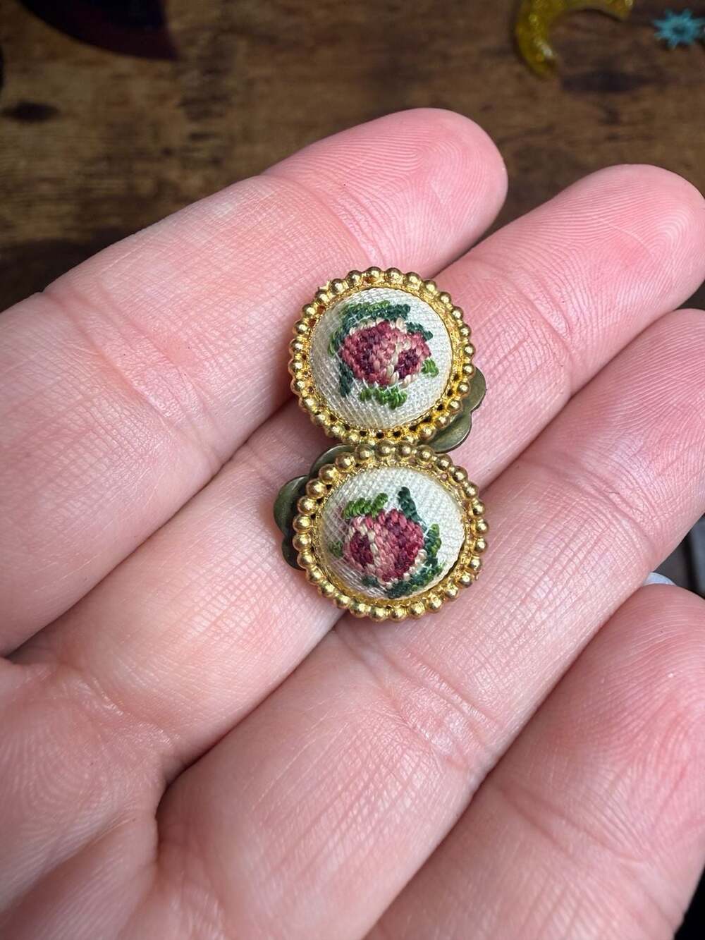 Vintage Floral Petit Point Embroidered Clip-On Earrings